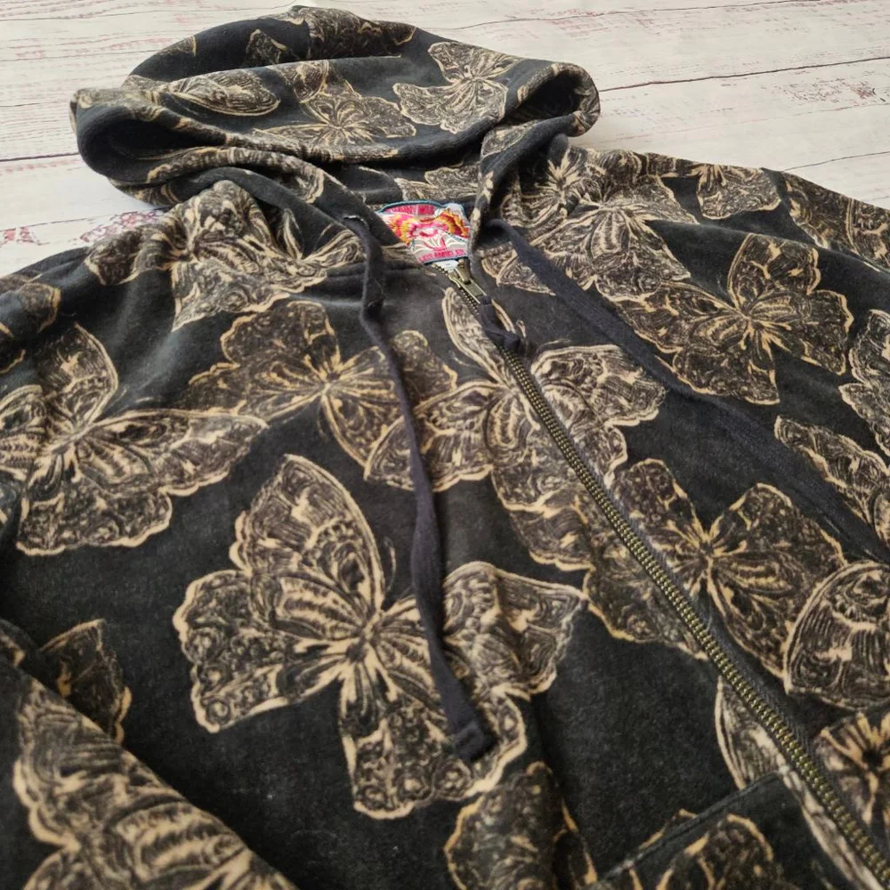 Johnny Was Zuri Modern Velour Butterfly Zip Up Hooded Jacket Womens Medium Black - Picture 3 of 6